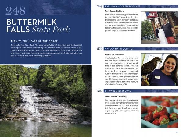 A magazine spread showcases Buttermilk Falls on the left with park info, while the right highlights events and photos of dining and strawberry picking, featuring "365 Things to Do in Ithaca, New York" by Schiffer Publishing, Ltd.—your ideal Ithaca travel guide.