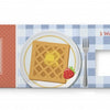 An illustrated page from Think Squares! by Schiffer Publishing, Ltd. shows a plate with a square waffle topped with butter and a strawberry on a blue checkered cloth. Text reads, "1 Waffle and 1 Yummy Square. What could it be?.