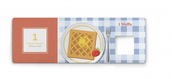 An illustrated page from Think Squares! by Schiffer Publishing, Ltd. shows a plate with a square waffle topped with butter and a strawberry on a blue checkered cloth. Text reads, "1 Waffle and 1 Yummy Square. What could it be?.