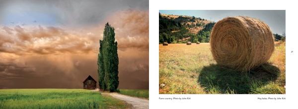 Left: A small house stands behind cypress trees in a green Willamette Valley, Oregon field. Right: A large hay bale sits in a sunlit pinot noir wine field with rolling hills. Brand: Schiffer Publishing, Ltd.