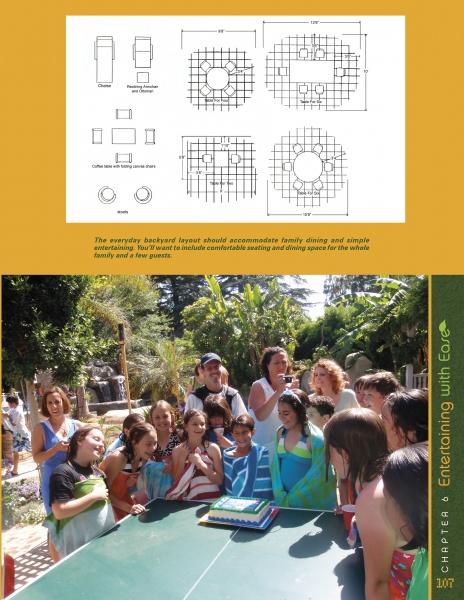 A group gathers around an outdoor birthday cake while Scott Cohen's Family Friendly Landscapes by Schiffer Publishing, Ltd. offers backyard layout diagrams and tips for creating child-friendly, comfortable outdoor living spaces for entertaining.
