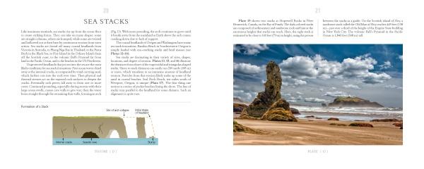 A spread from "The Ever-Changing Coastline" by Schiffer Publishing, Ltd. shows a page on sea stack formation with text and a diagram, paired with a photo of a tall coastal formation on sandy shores under a cloudy sky with waves.