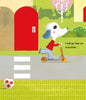 An illustrated dog in a red shirt and blue pants rides a scooter by a soccer ball and red door, with trees behind. Text: "I will go fast on a scooter . . ." Perfect for children's vehicle fans. "Faster, Please!" by Schiffer Publishing, Ltd.