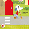 An illustrated dog in a red shirt and blue pants rides a scooter by a soccer ball and red door, with trees behind. Text: "I will go fast on a scooter . . ." Perfect for children's vehicle fans. "Faster, Please!" by Schiffer Publishing, Ltd.