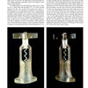 The Screwpull by Schiffer Publishing, Ltd. is a transparent, cylindrical wine bottle opener with a threaded rod and T-shaped handle, shown from front and side views, highlighting its prototype development.
