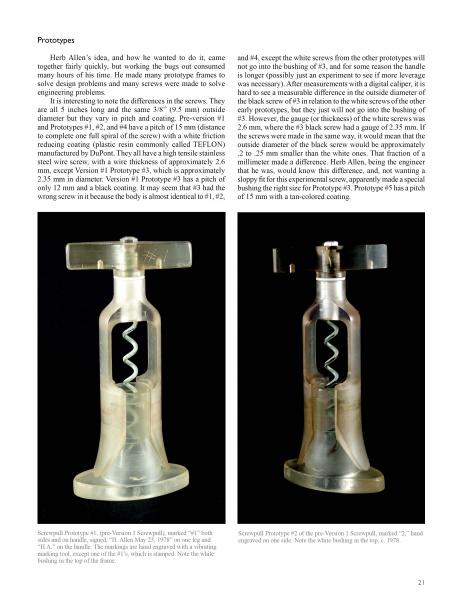 The Screwpull by Schiffer Publishing, Ltd. is a transparent, cylindrical wine bottle opener with a threaded rod and T-shaped handle, shown from front and side views, highlighting its prototype development.