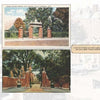Two vintage postcards of Cambridge, Massachusetts from Schiffer Publishing, Ltd. feature ornate brick and iron gates near Harvard Square, with trees and buildings in the background. Each postcard is valued at 85 cents.