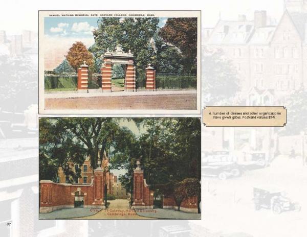Two vintage postcards of Cambridge, Massachusetts from Schiffer Publishing, Ltd. feature ornate brick and iron gates near Harvard Square, with trees and buildings in the background. Each postcard is valued at 85 cents.