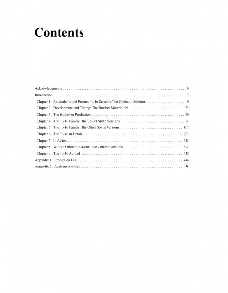 A white table of contents page for "Tupolev Tu-16" by Schiffer Publishing, Ltd. lists chapter titles, sections with page numbers, headings such as acknowledgments, introduction, appendices, and Soviet Tu-16 accident analysis.