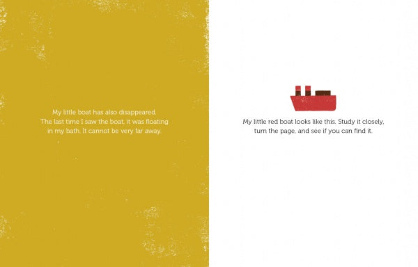 A two-page spread from "Where Is My Car?" by Schiffer Publishing, Ltd.: The yellow left page has text about a missing toy boat, while the right page shows a red toy boat, inviting kids to find it using observation and memory skills.