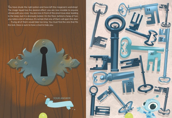 Illustration of a large ornate keyhole on a wooden door (left) and 23 numbered keys scattered on blue (right). A small blue creature eagerly prepares for Escape Game Adventure: The Last Dragon by Schiffer Publishing, Ltd.