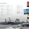 A contents page displays sections and page numbers over a grayscale photo of a rocky coastline with a lighthouse. Three color insets showcase Massachusetts lighthouses from Schiffer Publishing, Ltd.'s "Massachusetts Lighthouses and Lightships.