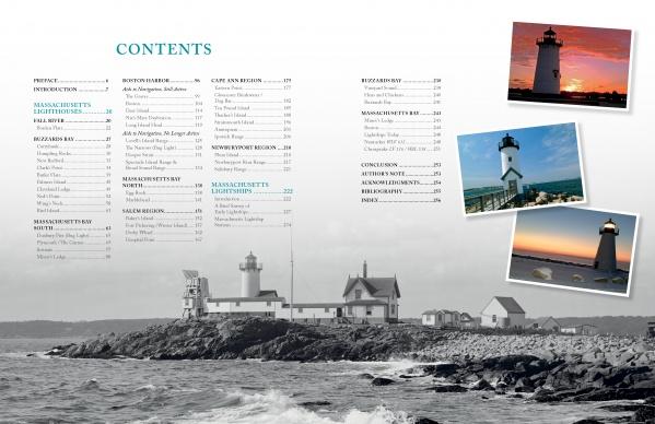 A contents page displays sections and page numbers over a grayscale photo of a rocky coastline with a lighthouse. Three color insets showcase Massachusetts lighthouses from Schiffer Publishing, Ltd.'s "Massachusetts Lighthouses and Lightships.