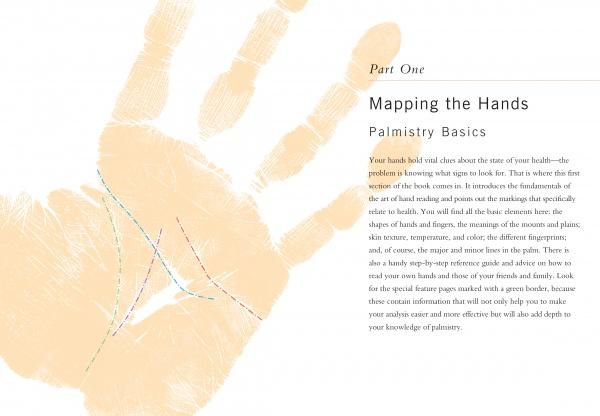 A page from "Your Health in Your Hands" by Schiffer Publishing, Ltd. displays a beige handprint with colored lines, explaining palm reading basics and how hand analysis can reveal insights about health and personality.