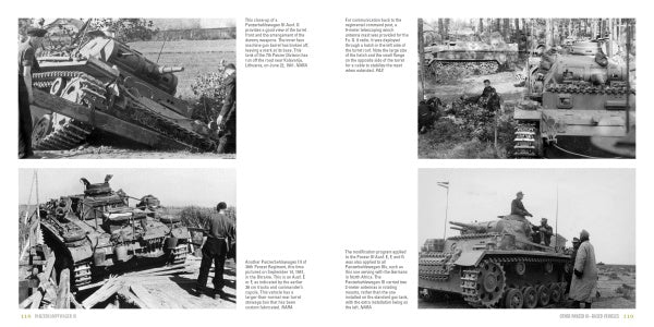 A Panzerkampfwagen III book spread by Schiffer Publishing, Ltd. displays four WWII black-and-white photos of German tanks with soldiers, each image captioned to describe the scene and provide historical context.