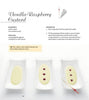 A recipe page from Schiffer Publishing, Ltd.'s "Garnishing & Decorating" features step-by-step images of Vanilla-Raspberry Custard elegantly plated with increasing raspberry dot garnishes and a piping bag illustration at the top right.