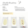 A recipe page from Schiffer Publishing, Ltd.'s "Garnishing & Decorating" features step-by-step images of Vanilla-Raspberry Custard elegantly plated with increasing raspberry dot garnishes and a piping bag illustration at the top right.
