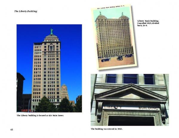 A page from "Greetings from Buffalo, New York" by Schiffer Publishing, Ltd. displays three images of the Liberty Building—a modern view, a vintage postcard, and a close-up of the engraved entrance—showcasing Buffalo’s history in photography.