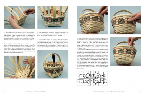 Basketry Basics by Schiffer Publishing, Ltd. features a step-by-step photo guide to basket making with hands weaving light strips and pastel accents, written instructions, and a black-and-white weaving diagram for easy learning.