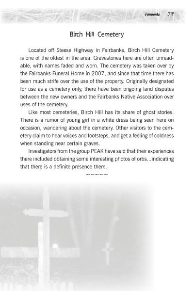A page from Schiffer Publishing, Ltd.'s book Ghosts of Alaska features text on Birch Hill Cemetery's history, haunted tales, and paranormal investigations, with a faint grayscale cemetery photo in the background.