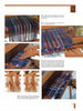 The Techniques and Art of Weaving by Schiffer Publishing, Ltd. features step-by-step photo guides of hands weaving blue yarn on a loom, with close-ups, images of bare feet on loom pedals, and clear text instructions beside each picture.
