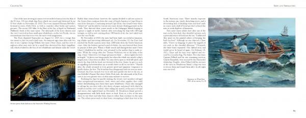 A two-page spread from "Cape Cod and the Islands" by Schiffer Publishing, Ltd. pairs text and a whale skeleton photo on the left with text and an illustration of sailors hunting a whale on the right, echoing classic Nantucket art.