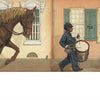An illustration from "America's Flag Story" by Schiffer Publishing, Ltd. shows a parade: a man on horseback, a boy with a drum, and a car decorated with red, white, and blue bunting and the American flag passing colorful buildings with balconies.