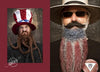 Two men highlight their pogonotrophy skills: one in an Uncle Sam hat with a fierce beard, the other sporting sunglasses, a straw hat, and a patriotic beard—perfect for fans of "Art of the Beard" by Schiffer Publishing, Ltd.