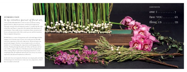 Perishable Poetics" by Schiffer Publishing, Ltd. lies open, pages edged in green florals and pearls. Pink and purple blooms with greenery are arranged in front, offering floral inspiration. The contents page appears on the right.