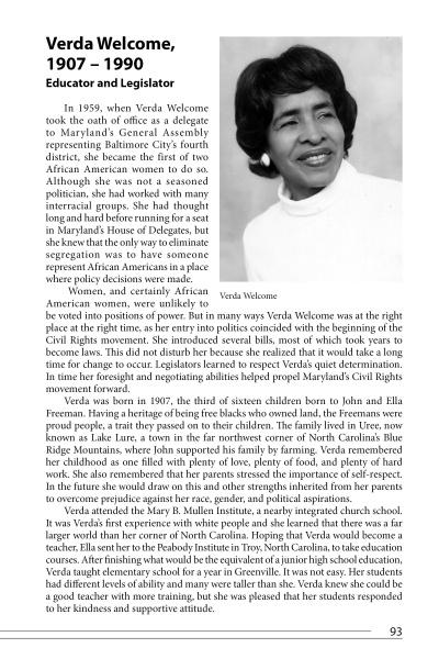 A black-and-white photo of Verda Welcome, smiling and formally dressed, appears beside a book page from "Courageous Women of Maryland" by Schiffer Publishing, Ltd., highlighting her trailblazing political achievements in the state.