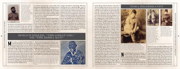 The magazine spread for "Freaks of Sideshow and Film" by Schiffer Publishing, Ltd. displays text columns, vintage portraits, and a striking blue-faced performer, highlighting the stories of circus figures like Horace Ridler and Nora Hildebrandt.