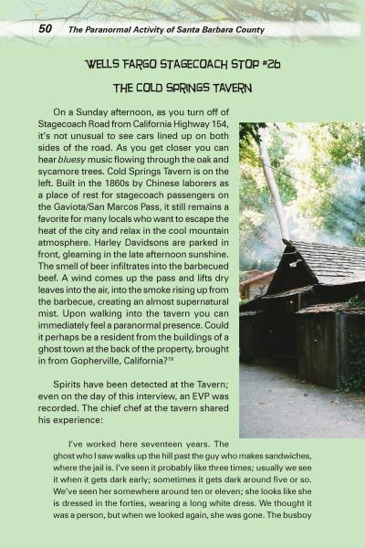 A page from "Spiritland: Ghosts of California's Central Coast" by Schiffer Publishing, Ltd. shows Cold Springs Tavern’s rustic charm with a sunlit photo, recounting its haunted history and paranormal tales from California's central coast.