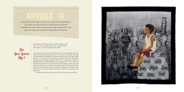 A two-page spread from Visioning Human Rights in the New Millennium (Schiffer Publishing, Ltd.) shows Article 19, an essay "Do You Know Me?", and "People Not Profit" on the left; art quilts with words like “freedom” appear on the right.