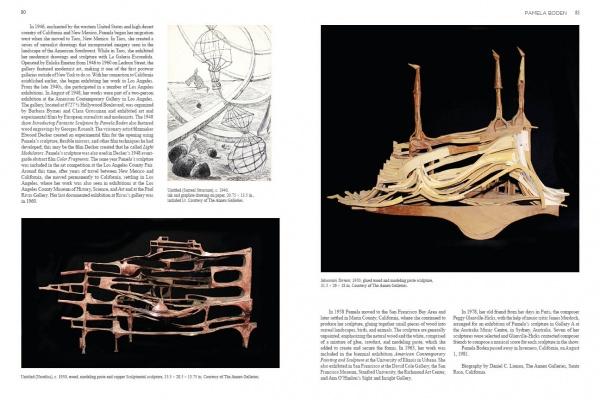 A book spread from "Emerging from the Shadows, Vol. I" by Schiffer Publishing, Ltd. showcases architectural sketches, organic wooden models, and text describing women artists in California, with captions labeling each image and creator.