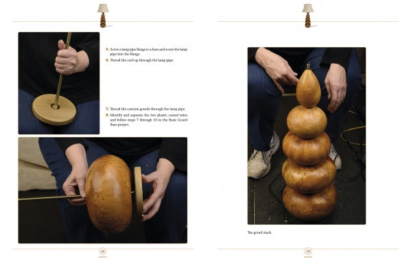 A step-by-step guide to assembling Gourd Lights by Schiffer Publishing, Ltd.: the left page shows threading a cord and stacking gourds, while the right page displays a finished lamp base—perfect for decorative lighting ideas.