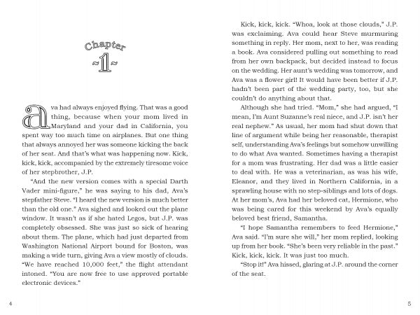 A book spread from "John Adams and the Magic Bobblehead" by Schiffer Publishing, Ltd. shows pages 4-5: page 4 starts a chapter with a big letter A and text about Ava flying; page 5 continues her adventure with story and dialogue.