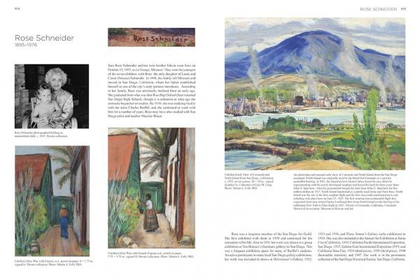 A two-page spread from "Emerging from the Shadows, Vol. IV" by Schiffer Publishing, Ltd. features Rose Schneider’s biography, a black-and-white photo with a child, and several paintings, showcasing her role among early California women artists.