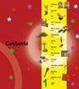 A vibrant contents page for a children's book titled "Wood" by Schiffer Publishing, Ltd., displays a yellow column with toy, animal, and woodcraft illustrations beside each chapter title on a red background with multicolored stars.