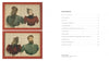 Two framed embroidered portraits in Victorian attire highlight tapestry artistry. Next to them is the table of contents from Schiffer Publishing, Ltd.'s book "The Art Is the Cloth," with twelve sections on weaving history and techniques.
