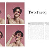 A magazine spread for "Two Faced" by Schiffer Publishing, Ltd. features four photos of a person with short dark hair, colorful makeup, and playful expressions on a pink background, inspired by makeup tutorials, with “Two Faced” as the headline.