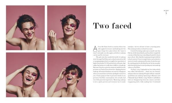 A magazine spread for "Two Faced" by Schiffer Publishing, Ltd. features four photos of a person with short dark hair, colorful makeup, and playful expressions on a pink background, inspired by makeup tutorials, with “Two Faced” as the headline.