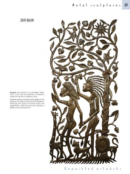 Masterpieces of Haitian Art by Schiffer Publishing, Ltd. features intricate metal sculptures like those by Julio Balan, depicting textured human figures, animals, birds, and leafy trees in detailed, unpainted Haitian style.