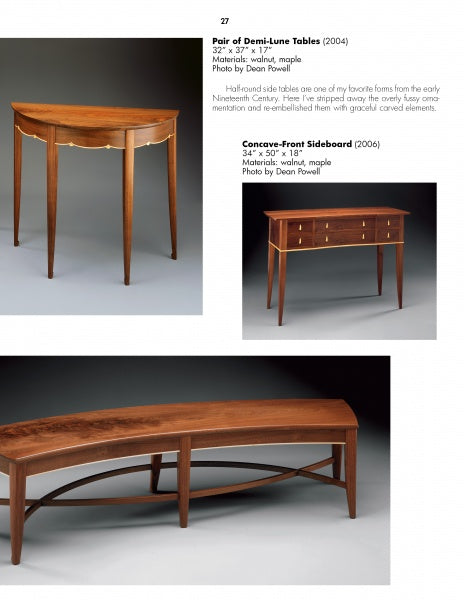 Discover Studio Furniture by Schiffer Publishing, Ltd.—a collection including demi-lune tables, a concave-front sideboard, and a curved bench, each expertly crafted with detailed woodwork.