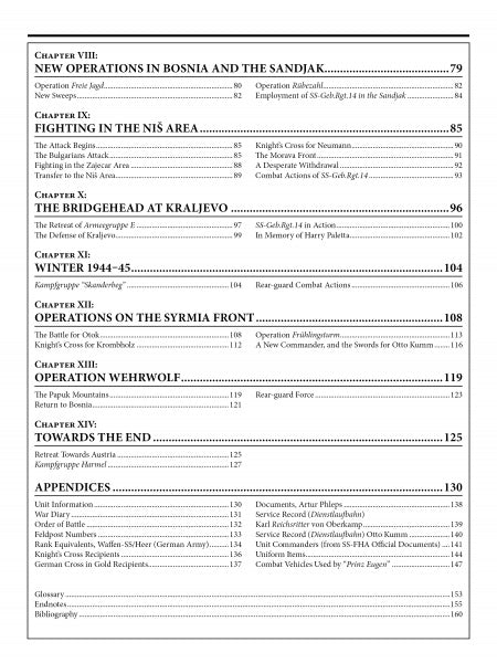 Table of contents page from Schiffer Publishing, Ltd.’s "The 7th Waffen-SS Volunteer Gebirgs (Mountain) Division Prinz Eugen," listing chapters on operations in Bosnia, Niš, Kraljevo, Syrmia front, Wehrwolf, plus subheadings and page numbers.