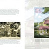 A two-page spread from Newport Mansions by Schiffer Publishing, Ltd. shows vintage postcards and historic photos of local homes on the left, with a large color image of a restored Victorian house and trees on the right, each with descriptive text.