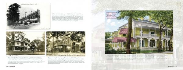 A two-page spread from Newport Mansions by Schiffer Publishing, Ltd. shows vintage postcards and historic photos of local homes on the left, with a large color image of a restored Victorian house and trees on the right, each with descriptive text.