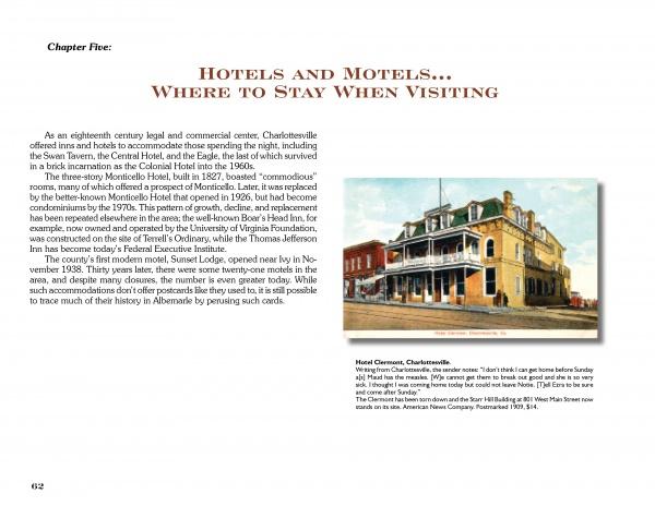 A page from "Greetings from Charlottesville, Virginia, and Albemarle County" by Schiffer Publishing, Ltd. showcases local accommodations with a historic photo of the Monticello Hotel and notes on Albemarle County history.