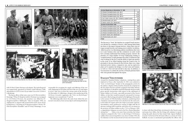 Two black-and-white pages from *The 17th Waffen-SS Panzergrenadier Division Götz von Berlichingen* (Schiffer Publishing, Ltd.) show German and Italian WWII soldiers with wartime photos, captions, and chapter headings.