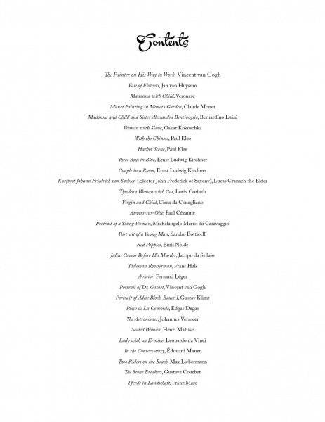 A centered, elegant table of contents for Looted Beauty by Schiffer Publishing, Ltd., features the title "Contents" at the top, listing about twenty famous paintings, missing masterpieces, and their artists below.
