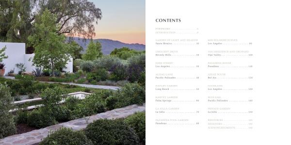 On the left is a landscaped garden with stone paths and greenery. On the right, the book "Regional Landscape Architecture: Southern California" by Schiffer Publishing, Ltd. displays a contents page on gardening in Mediterranean climates.